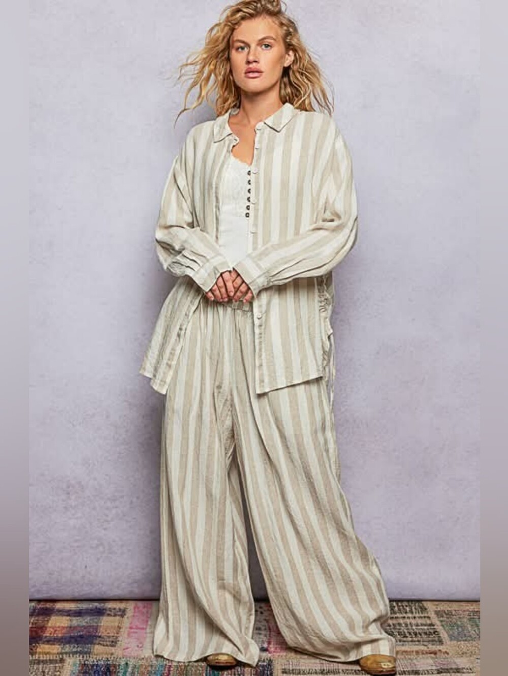 POL Beige & White Striped Relaxed Shirt and Wide-Leg Set